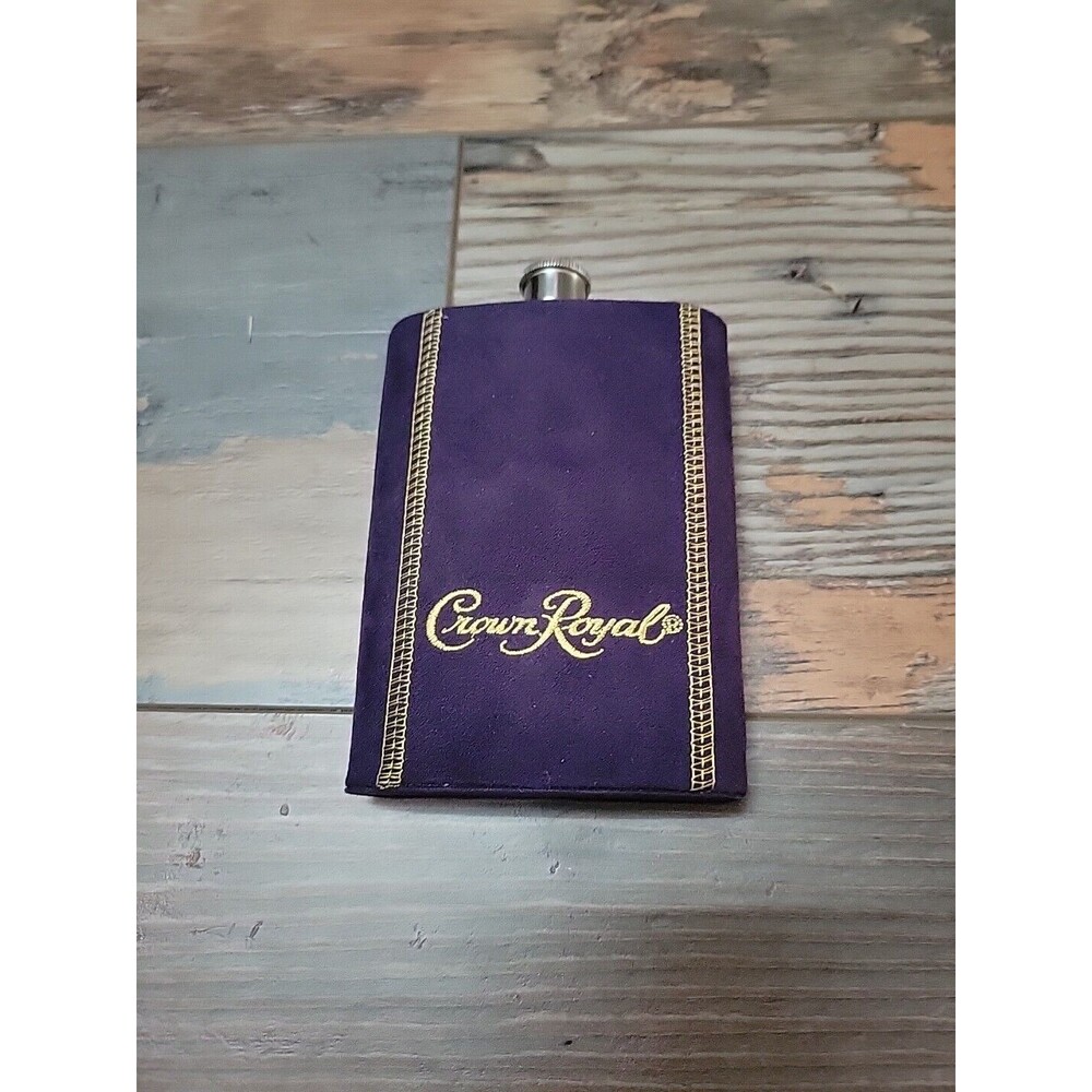 Stainless Steel Crown Royal Hip Flask With Purple Suede Sleeve